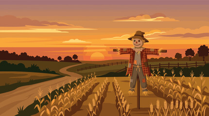 Naklejka premium Friendly scarecrow standing in a golden cornfield under a warm sunset sky with a winding dirt road and rolling hills in the autumn countryside landscape, vector illustration