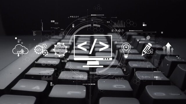 Modern web development concept featuring coding symbols, web development process, web development interface, and web development tools with futuristic design. Muxer