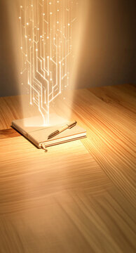 Closed notebook and pen resting on a wooden table with a glowing digital circuit network projecting upward. Ideal for technology, data innovation, education, information, and digital media campaigns