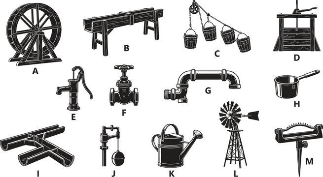 Traditional water management and irrigation tools silhouettes vector set featuring vintage watermill pipes pump windmill and engineering elements