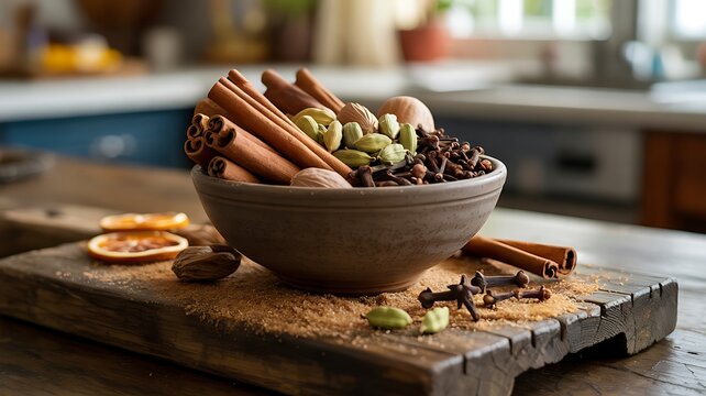 Ceramic bowl filled with whole spices cinnamon sticks cardamom cloves and nutmeg on rustic cutting board in kitchen