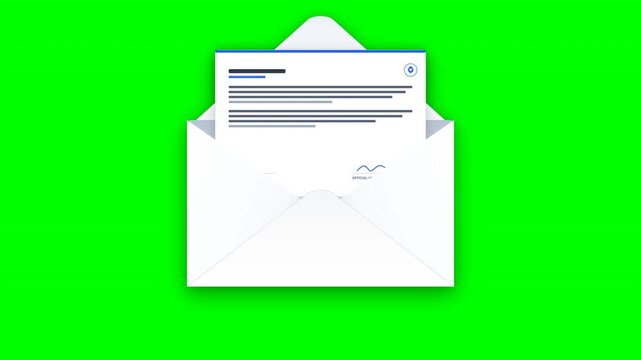 envelope letter document mail paper emerging from open message template isolated on green screen