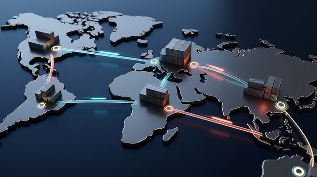 Global shipping logistics network with glowing container hubs and connection lines on dark world map representing international supply chain management and futuristic trade systems in 3d