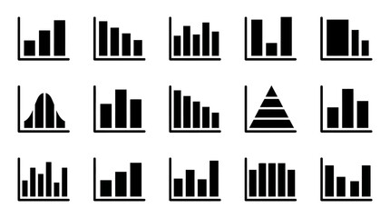 Obraz premium A collection of fifteen various black and white bar chart icons displayed in a grid layout format