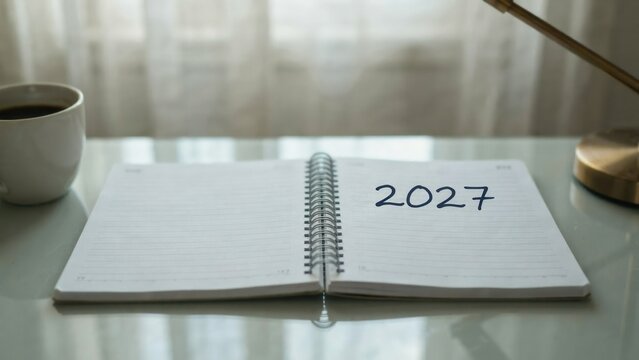 An open notebook with 2027 written on the lined page rests on a desk next to a coffee cup and lamp. Ideal for planning and goal setting concepts for the upcoming year.