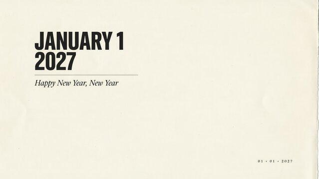 Minimalist calendar page showing January 1, 2027 with elegant typography on cream paper. Ideal for New Year holiday greeting cards and seasonal social media content.