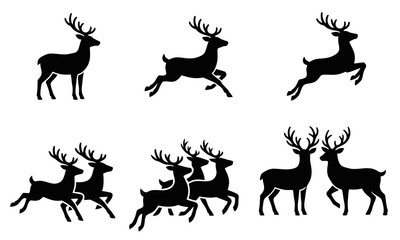 Fototapeta premium Collection of black reindeer silhouettes featured in a festive christmas icon set for holiday graphic design