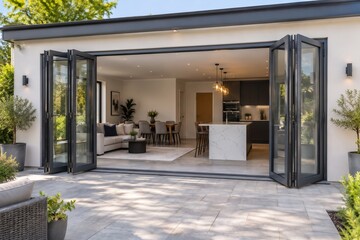 Obraz na płótnie Canvas Modern Home Extension Featuring Anthracite Bifold Doors Opening Onto A Tiled Patio, Stylish Contemporary Interior Design For Luxury Living