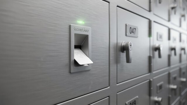 A key card inserted into a secure metal deposit locker with glowing green indicator light. This financial security concept is ideal for banking, safe deposit boxes, and data.