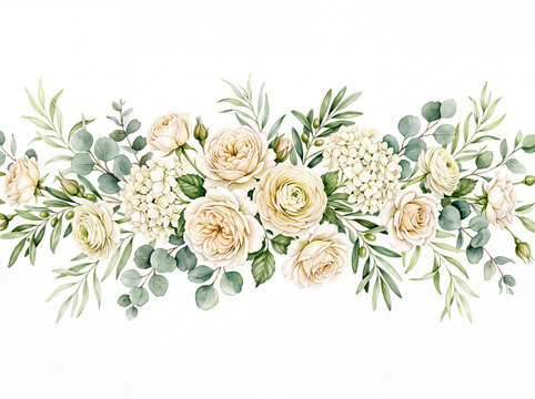 Watercolor white floral header arrangement with cream roses ranunculus and eucalyptus foliage isolated on white backgrounds