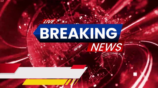 Generic Breaking News Broadcast Graphic with Blue and Red Banners, Live Tag, and Blank Lower Third for Text on a Dark Red Technical Abstract Motion Background Concept.