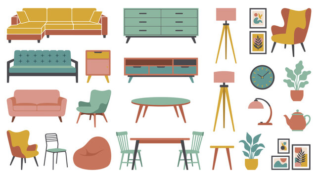 Modern interior furniture collection with colorful living room decor items for home design.