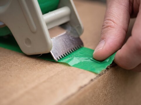 Hands taping brown cardboard shipping box green adhesive dispenser