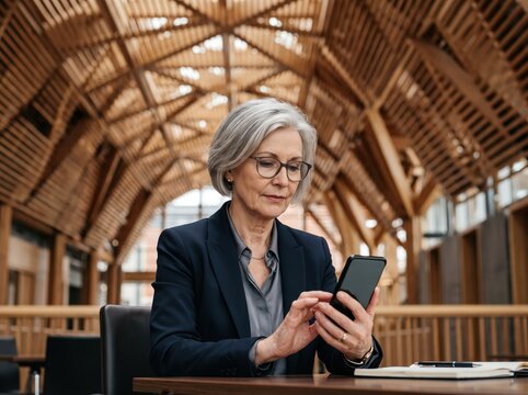 Professional Businesswoman Using Smartphone Modern Wooden Office Interior