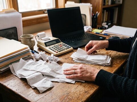 Person organizing paper receipts desk calculator laptop