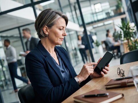 Professional Businesswoman Using Smartphone Modern Office Workspace