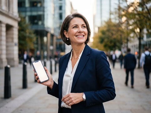 Professional Businesswoman Holding Blank Screen Smartphone City Street