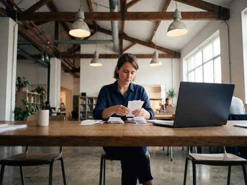 Business woman organizing receipts wooden desk modern office