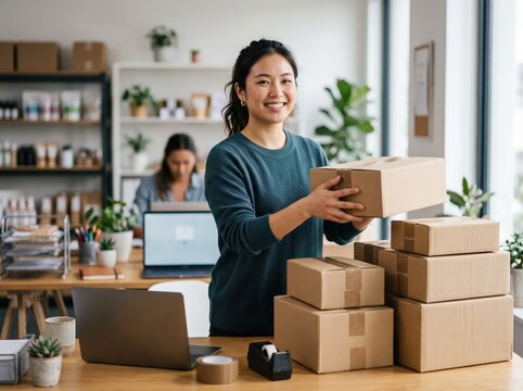 Smiling female small business owner stacking shipping boxes office
