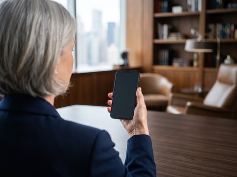 Senior professional woman using smartphone screen mockup luxury office