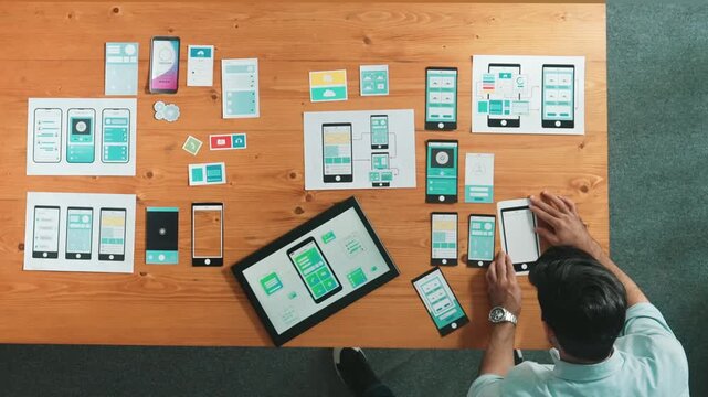 Top view of skilled developer walking and placing Ux Ui software. Smart business man put tablet on meeting table with mobile phone interface or icon. Investor plan develop software plan. Convocation.