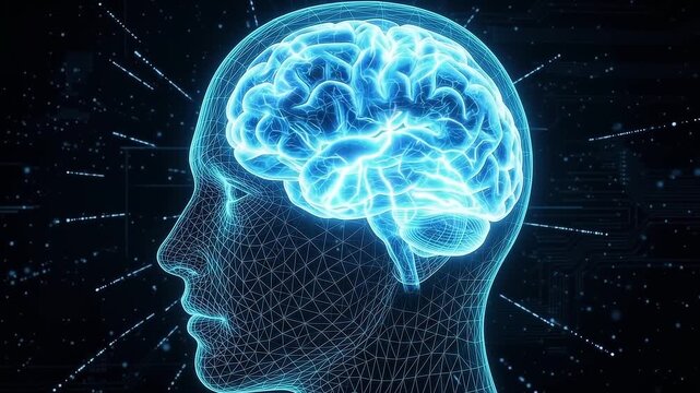 Human head profile glowing with a wireframe grid structure and illuminated brain representing artificial intelligence.