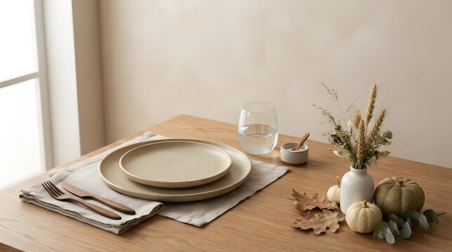 Elegant table setting with neutral tones and minimalist floral arrangement
