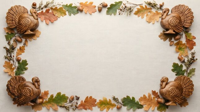 Thanksgiving holiday frame made of wooden turkey figurines, acorns, and autumn oak leaves on a light textured background