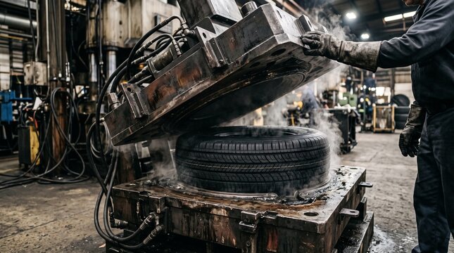 Industrial vulcanization press opening mold with steam releasing around newly formed rubber tire in factory setting, highlighting manufacturing and production