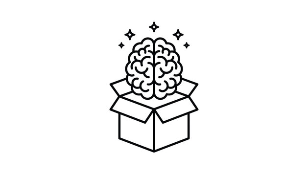 Simple line art illustration of a human brain emerging from an open cardboard box with glittering stars, representing creative ideas.