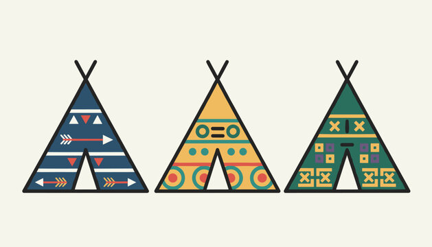 Three traditional Native American teepees decorated with colorful ethnic geometric patterns, arrows, and stripes in a row.
