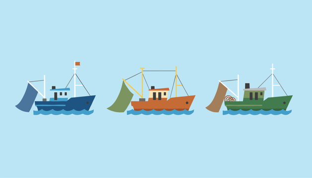 Three stylized commercial fishing trawler boats with trailing nets shown sailing on gentle blue waves in a row.