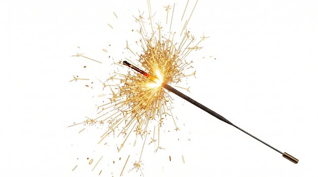 Sparkler burning brightly with bright golden sparks on white background
