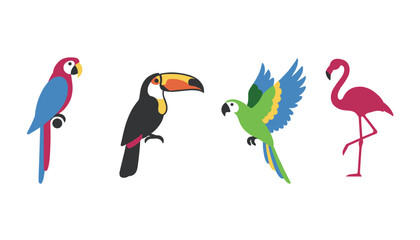 Obraz premium Diverse collection of colorful exotic tropical birds featuring a macaw, a toucan, a parrot, and a pink flamingo.