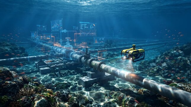 Underwater drone inspecting deep sea pipeline with data overlay