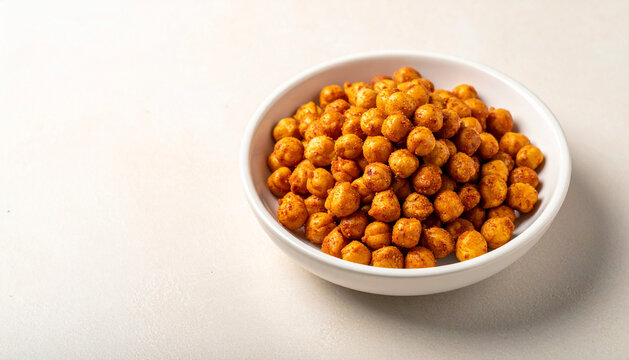 Bright studio styling for crispy roasted chickpeas in a ceramic snack bowl