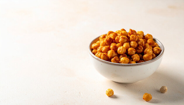 Clean commercial image of crispy roasted chickpeas in a ceramic snack bowl
