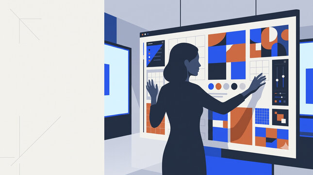 Flat graphic illustration of a digital designer organizing creative visual assets and modular interface layouts for modern software platform