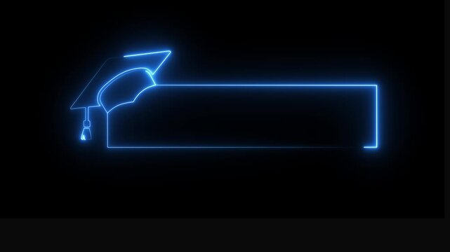 Glowing neon graduation cap and blank frame icon isolated on black background. Graduate college, high school or educational cap symbol.