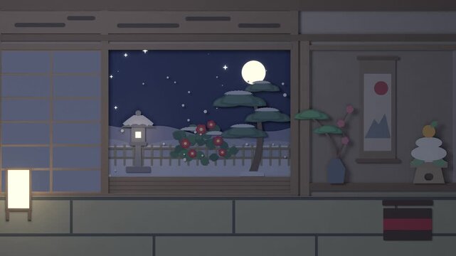 Paper Cut Japanese Tatami Room on New Year's Eve Night with a Glowing Andon Lamp Moonlit Snowy Garden and Lit Stone Lantern Seamless Loop 4K