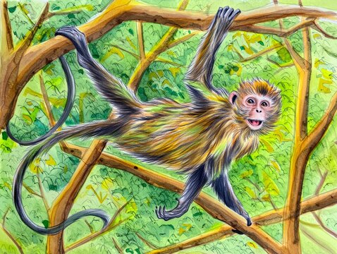 Playful Spider Monkey Swinging Through Lush Green Canopy