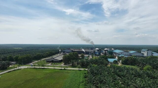 Aerial view of a palm oil processing factory featuring blue-roofed buildings and storage tanks, surrounded by vast green palm oil plantations and tropical forest under a clear sky.