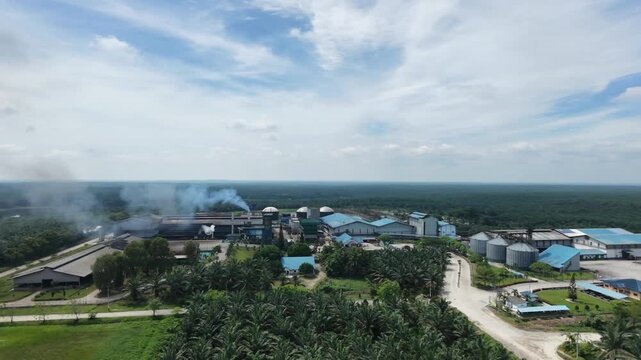 Aerial view of a palm oil processing factory featuring blue-roofed buildings and storage tanks, surrounded by vast green palm oil plantations and tropical forest under a clear sky.