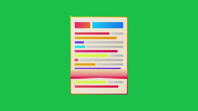 Stylized Graphic Illustration of a Digital Document Page Featuring Colorful Abstract Text Blocks Against a Solid Green Background