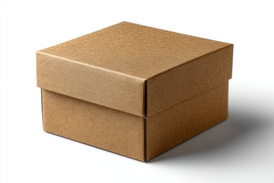 Square cardboard box with lid, blank brown paper container isolated on white background.