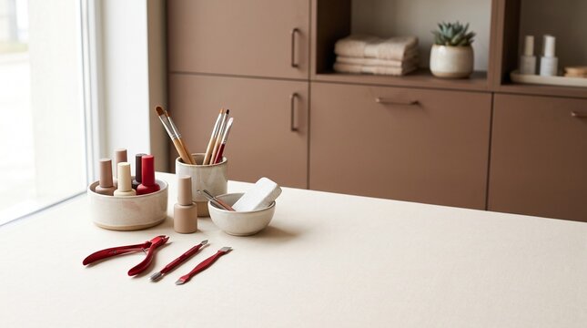 Nail Art Tools and Supplies on Light Work Table in Modern Salon or Studio