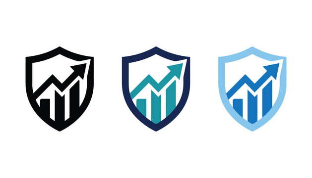 Set of three shield logos featuring growth charts with upwardpointing arrows, symbolizing financial security, business success, and investment protection
