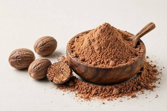 Nutmeg Powder in Wooden Bowl with Whole Nutmegs