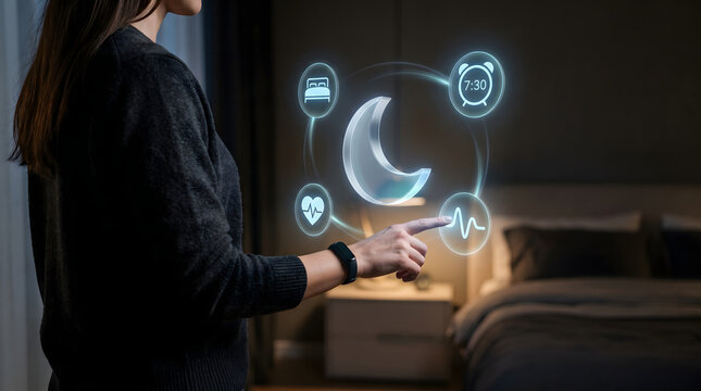 Sleep Wellness and Quality Monitoring Technology with Moon Bed Clock Heartbeat and Wearable Health Tracking Interface