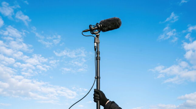 Microphone pointing at blue sky with hand held boom pole for outdoor sound recording